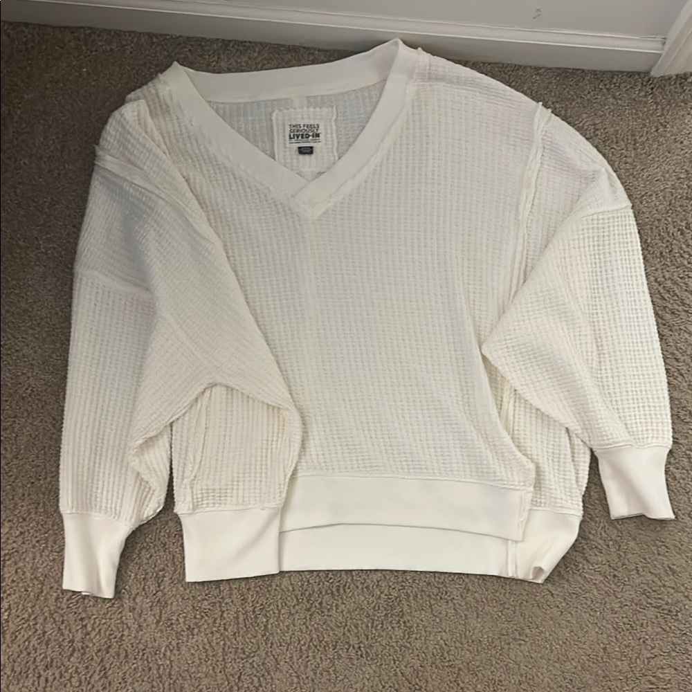 Oversized “lived-in” White V-Neck Waffle Knit Sweater